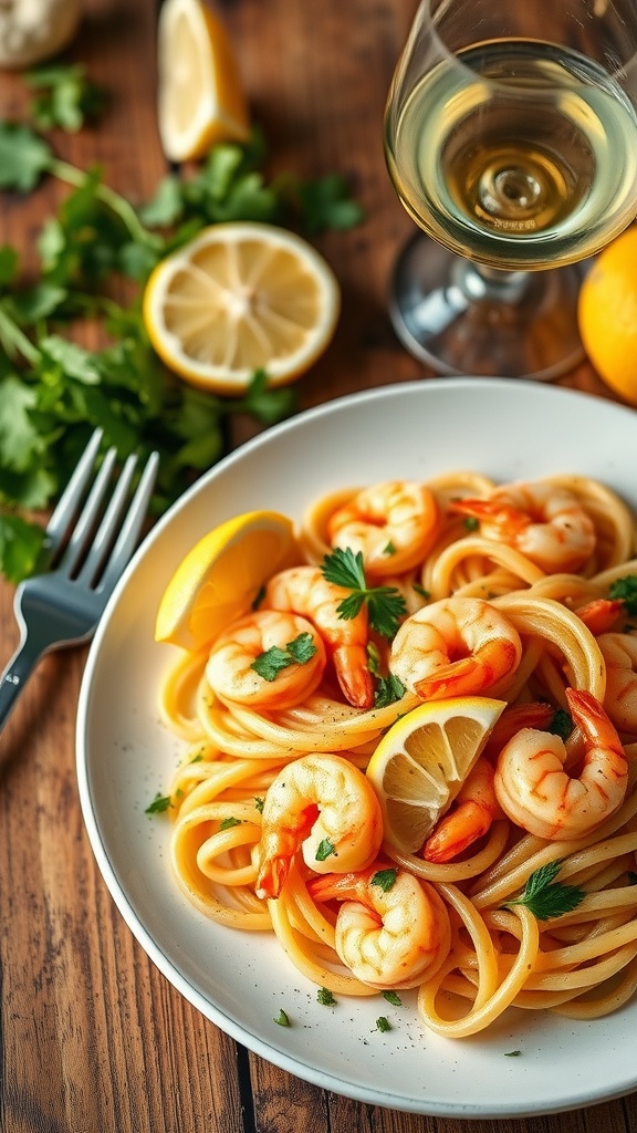 A serving of garlic butter shrimp pasta with shrimp and parsley on a rustic table.